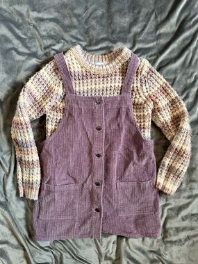 Splendid Purple Corduroy Pinafore with Cream Multi-Color Sweater